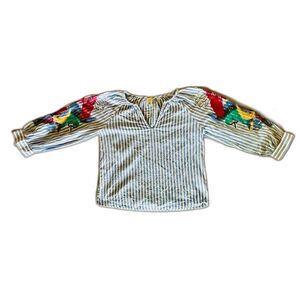 Anthropologie Seen Worn Kept Parrot Embroidered Sleeve Blouse 4 Striped